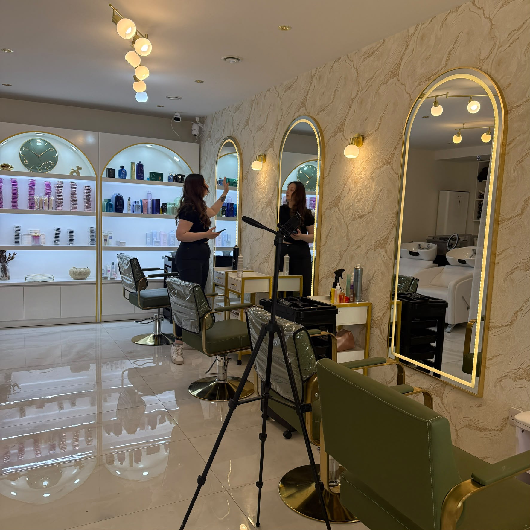 Hair styling floor with arched mirrors and gold detailing at Bae's Beauty Salon in Coolmine
